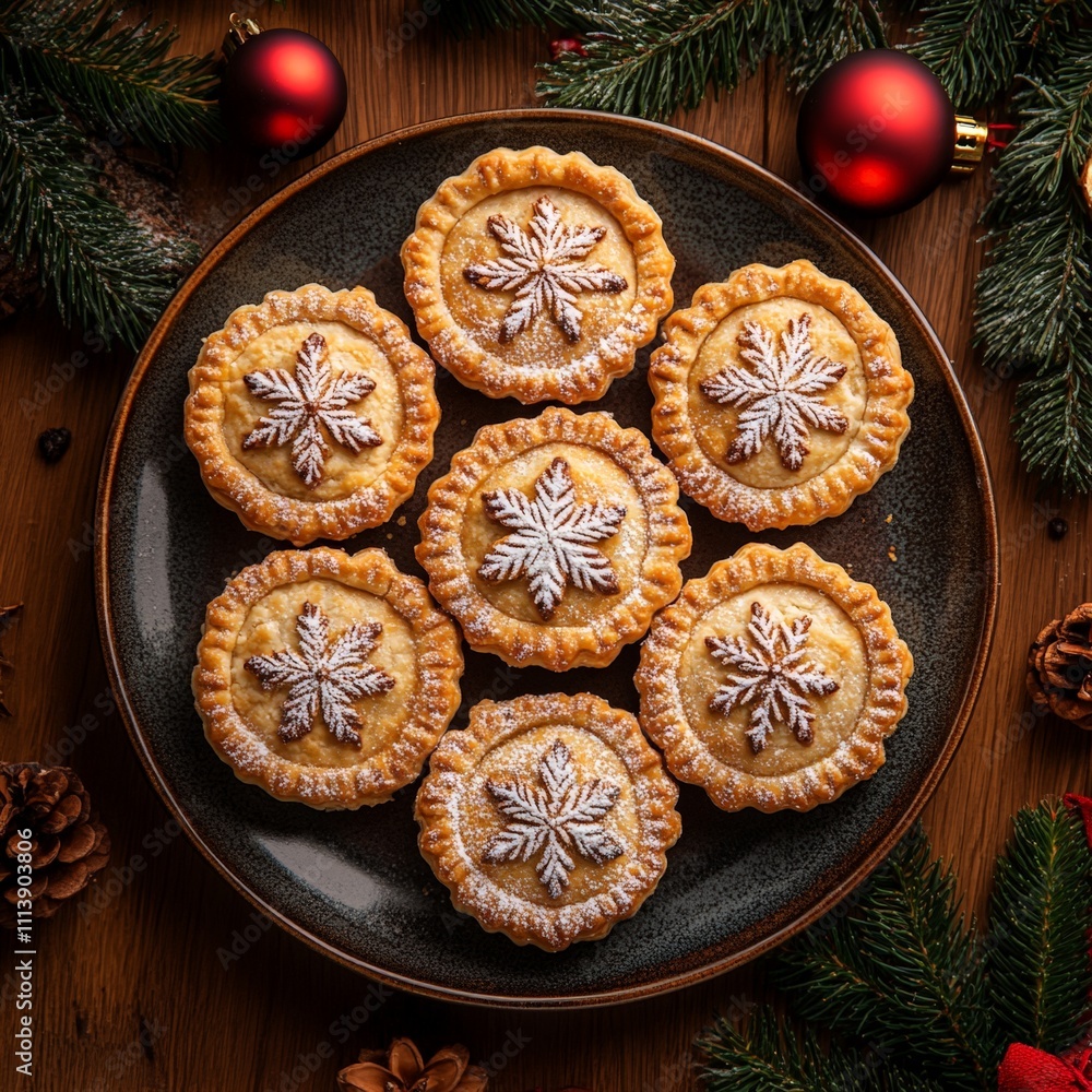Christmas festive mince pies on decorative holiday plate Christmas festive mince pies on decorative holiday plate