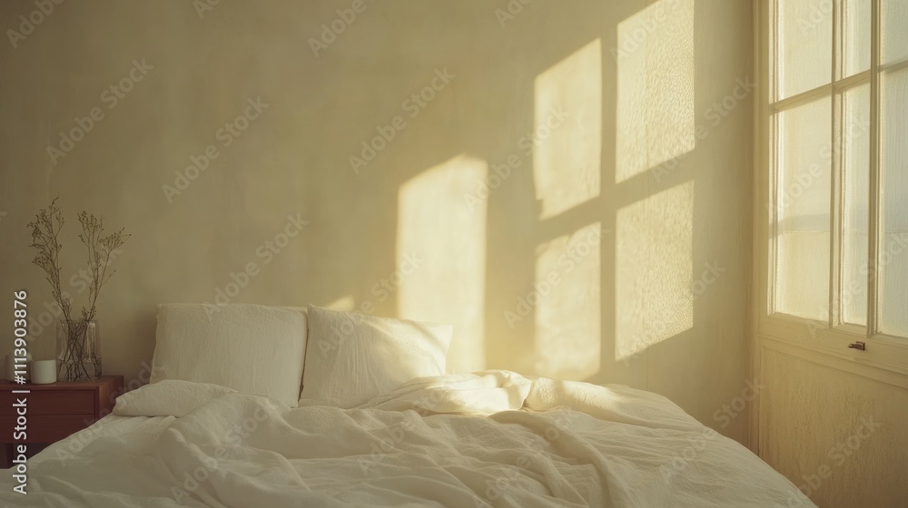 Sunlit Bedroom with White Linen Bedding and Dried Flowers Sunlit Bedroom with White Linen Bedding and Dried Flowers