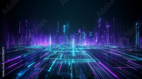 Abstract Futuristic Cityscape with Neon Lights and Glowing Lines Representing Technology and Innovation