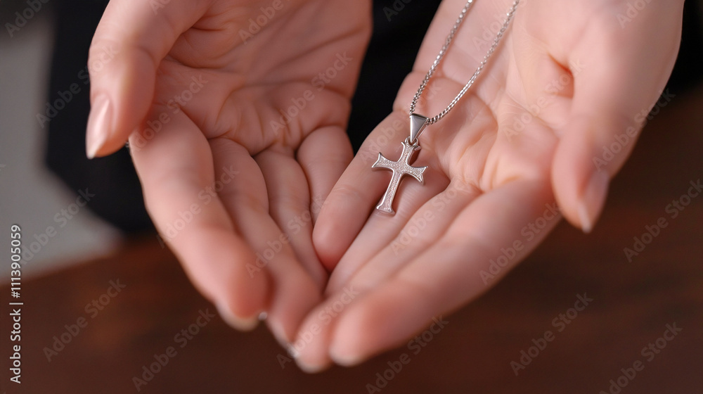 A close-up of hands gently holding a small cross pendant, with soft light highlighting the details, symbolizing faith, reflection, and hope in a quiet, peaceful atmosphere. A close-up of hands gently holding a small cross pendant, with soft light highlighting the details, symbolizing faith, reflection, and hope in a quiet, peaceful atmosphere.