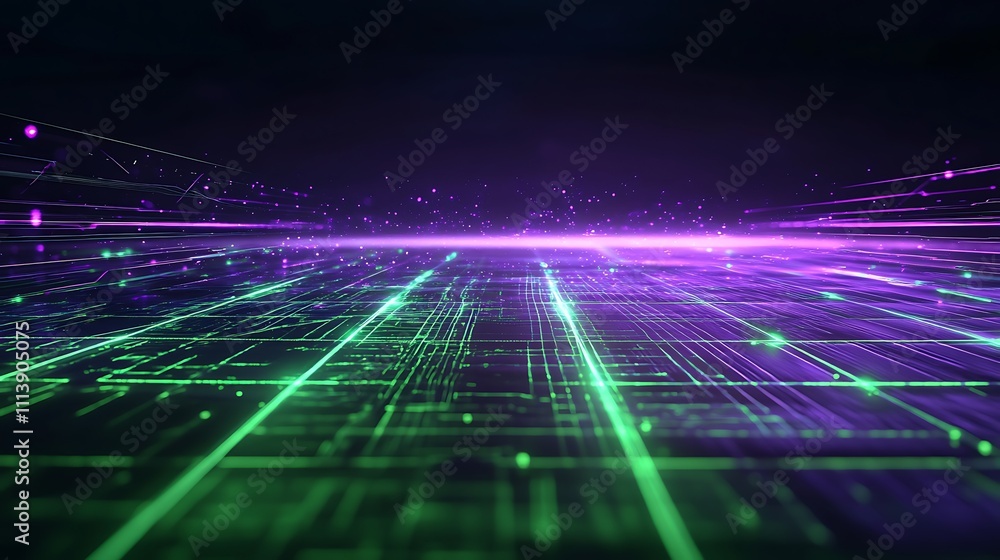 Abstract futuristic digital landscape with glowing lines, data streams, and vibrant colors in green and purple hues Abstract futuristic digital landscape with glowing lines, data streams, and vibrant colors in green and purple hues