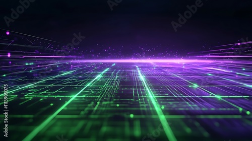 Abstract futuristic digital landscape with glowing lines, data streams, and vibrant colors in green and purple hues