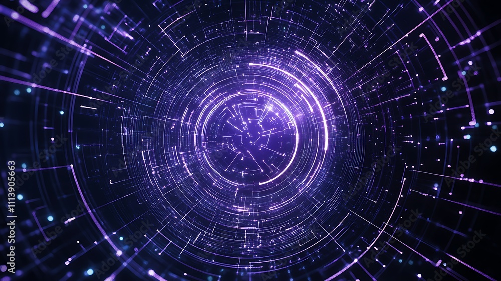 Fototapeta premium Abstract futuristic digital tunnel with glowing lines and particles in purple tones for technology backgrounds