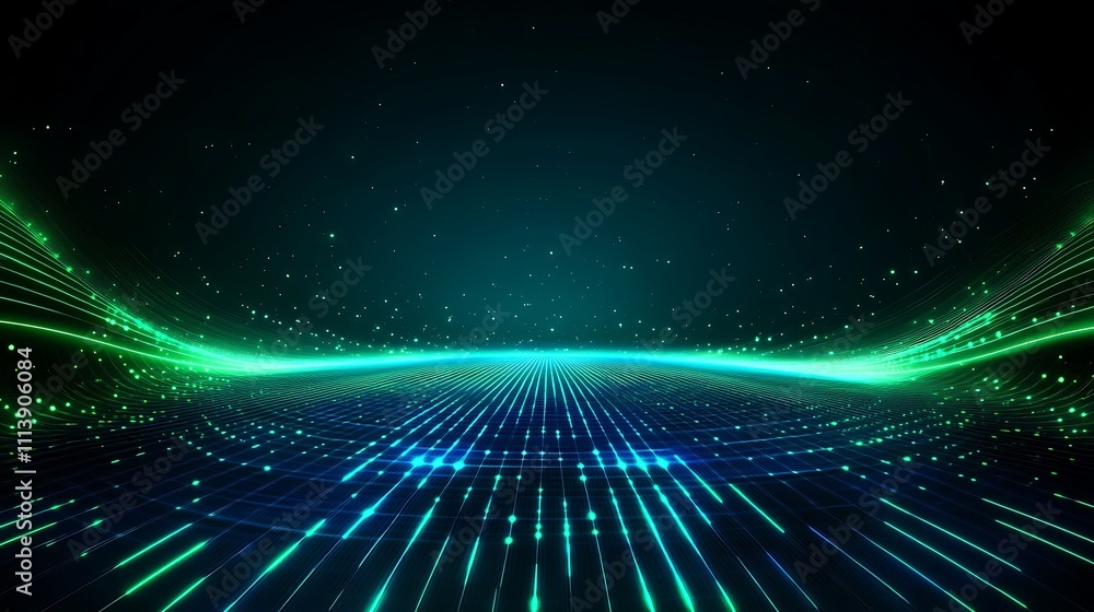 Abstract futuristic landscape with glowing lines and particles in deep blue and green tones for digital art projects Abstract futuristic landscape with glowing lines and particles in deep blue and green tones for digital art projects