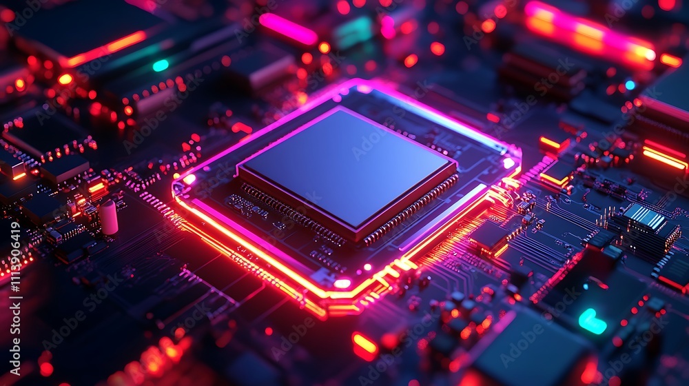 Central computer processor glowing with vibrant neon lights image Central computer processor glowing with vibrant neon lights image