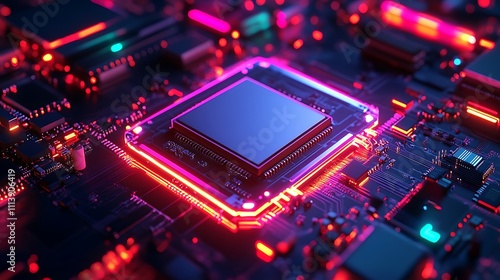 Central computer processor glowing with vibrant neon lights image