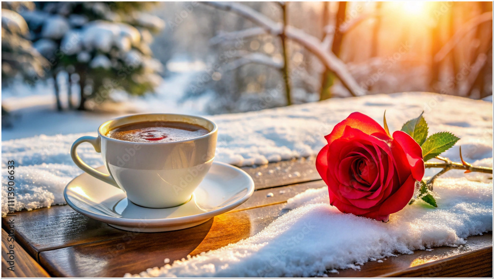 There is coffee and rose on a table on a winter morning with beautiful designs on the coffee