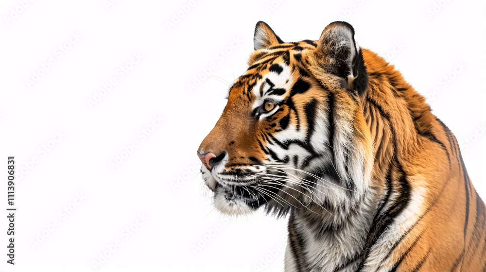 Naklejka premium Portrait of a Tiger: Close-up, isolated on a white background.