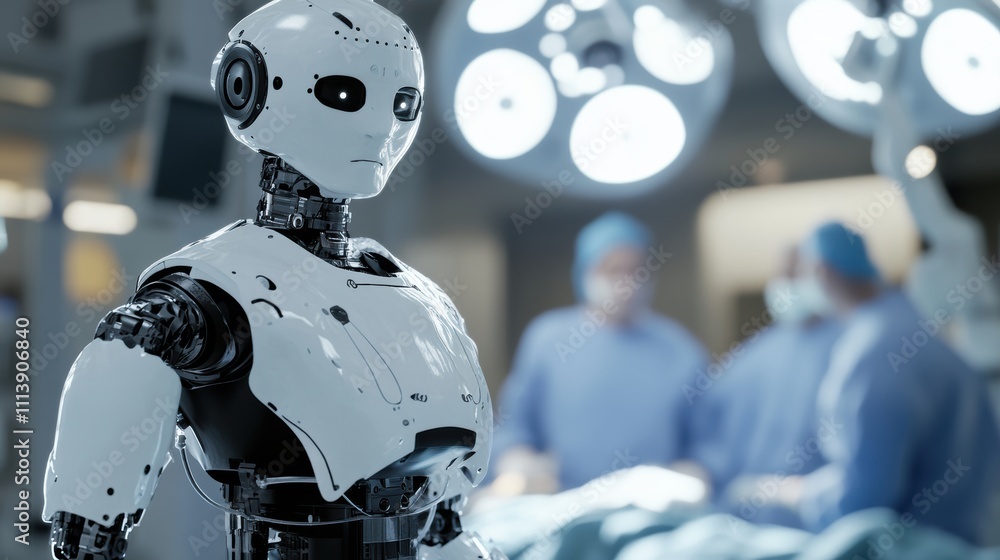 Humanoid robot assistant in operating room with surgeons in background Humanoid robot assistant in operating room with surgeons in background