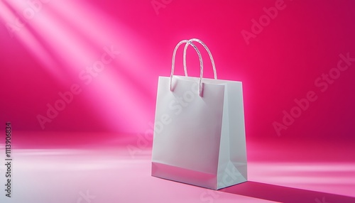 A single white shopping paper bag with sleek handles placed on a radiant pink background photo