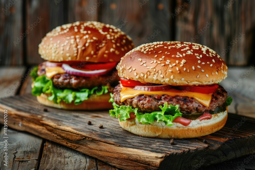 Homemade beef and cheese burgers on wooden table. Unhealthy. Homemade beef and cheese burgers on wooden table. Unhealthy.