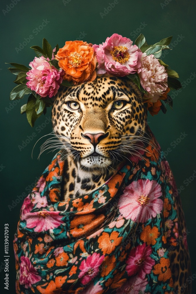 Floral Leopard Portrait: Majestic Big Cat Wrapped in Colorful Shawl with Flower Crown, Perfect for Wildlife and Nature-Themed Designs and Art Projects Floral Leopard Portrait: Majestic Big Cat Wrapped in Colorful Shawl with Flower Crown, Perfect for Wildlife and Nature-Themed Designs and Art Projects