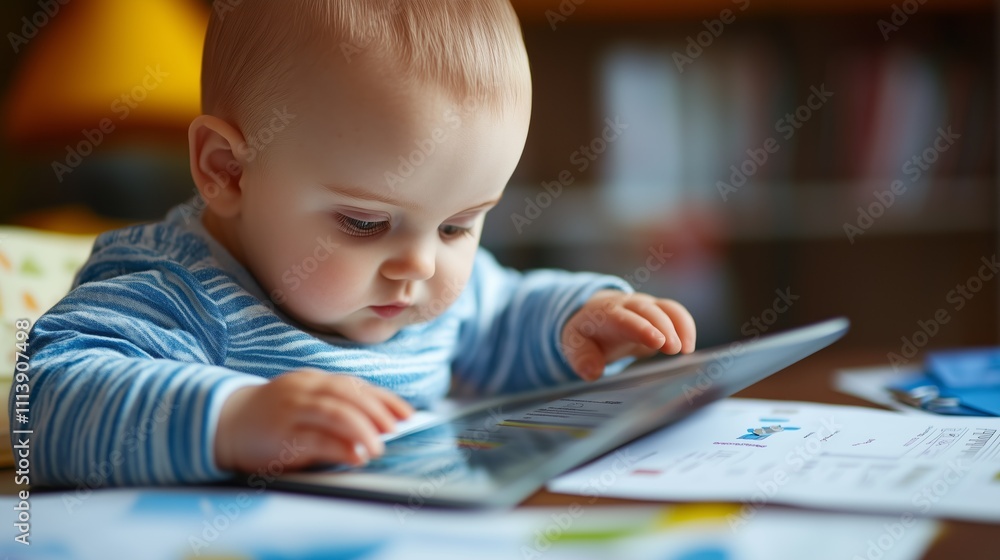 Baby exploring a tablet while surrounded by papers in a cozy indoor setting Baby exploring a tablet while surrounded by papers in a cozy indoor setting