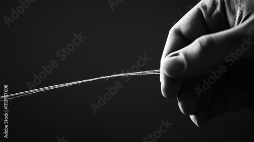 A hand holds a thin white string.
