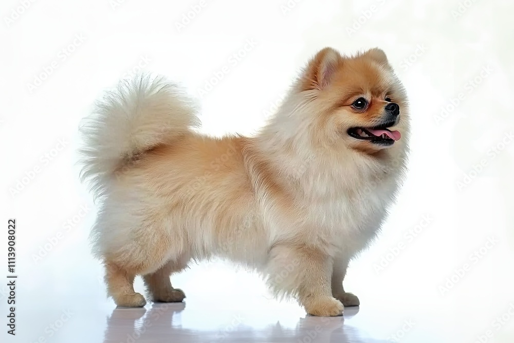 A fluffy, playful Pomeranian dog stands proudly with a cheerful expression, showcasing its adorable features against a light background. A fluffy, playful Pomeranian dog stands proudly with a cheerful expression, showcasing its adorable features against a light background.