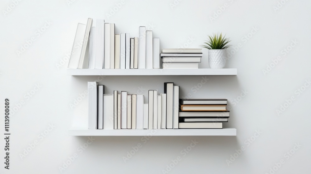 Minimalist white bookshelves with books and plant on white wall Minimalist white bookshelves with books and plant on white wall