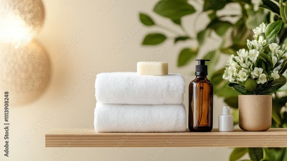 Spa essentials: towels, soap, and aromatic bottles on wooden shelf with greenery Spa essentials: towels, soap, and aromatic bottles on wooden shelf with greenery