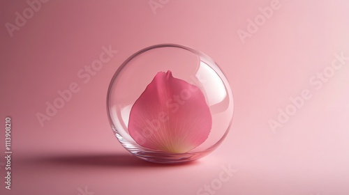 A single pink flower petal in a round glass orb on a pink background.