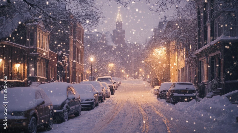A snowy street scene illuminated by streetlights, creating a serene winter atmosphere. A snowy street scene illuminated by streetlights, creating a serene winter atmosphere.