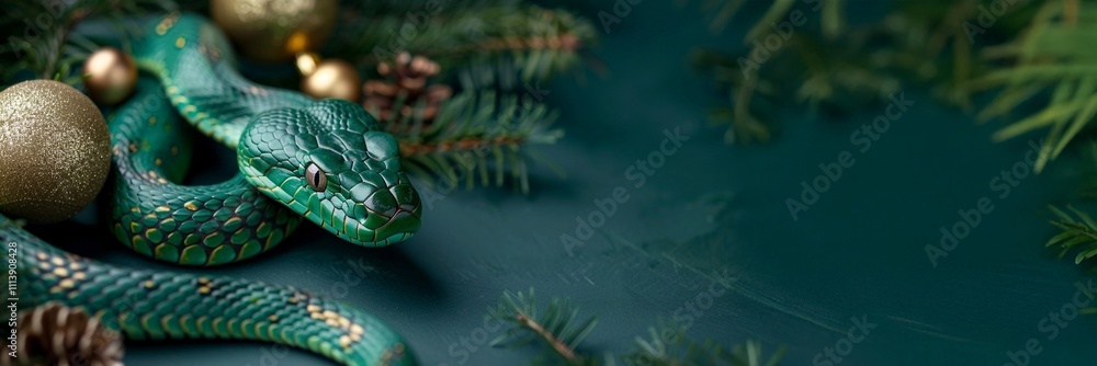 Green snake with golden ornaments and pine branches on dark background, New Year theme, with copy space, banner design, horizontal layout Green snake with golden ornaments and pine branches on dark background, New Year theme, with copy space, banner design, horizontal layout