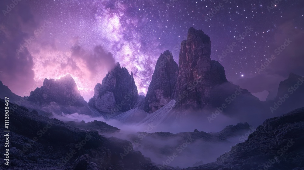 Obraz premium A breathtaking mountain landscape under a starry night sky with vibrant colors.