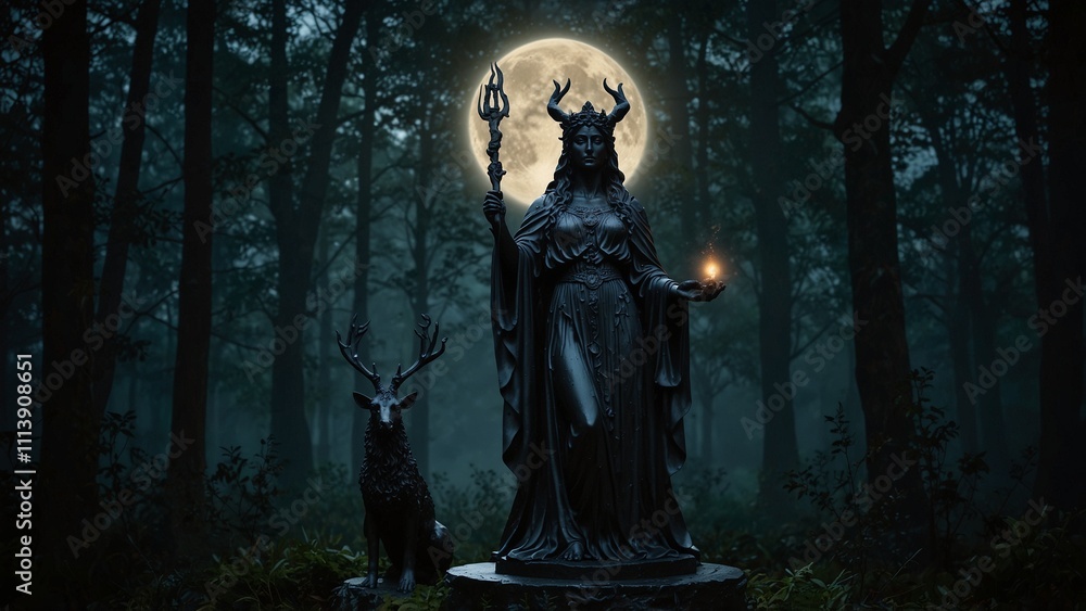 Statue of Hecate, the goddess of magic, dressed in black robes, holding a staff and a moon halo, set against a shadowy forest and moonlight, with darkness and witchcraft symbols carved on the base. Statue of Hecate, the goddess of magic, dressed in black robes, holding a staff and a moon halo, set against a shadowy forest and moonlight, with darkness and witchcraft symbols carved on the base.