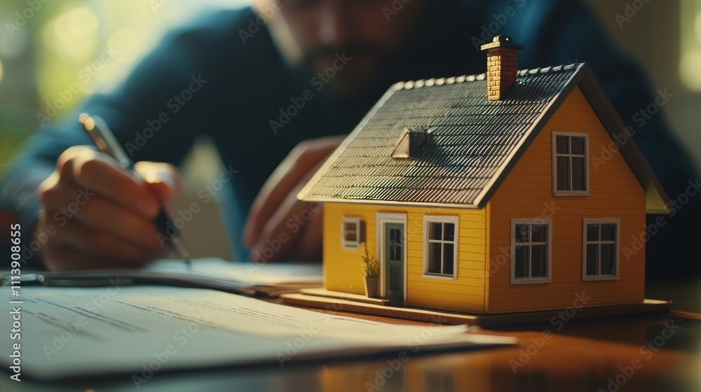 Planning home purchase costs with a house model and financial documents Planning home purchase costs with a house model and financial documents