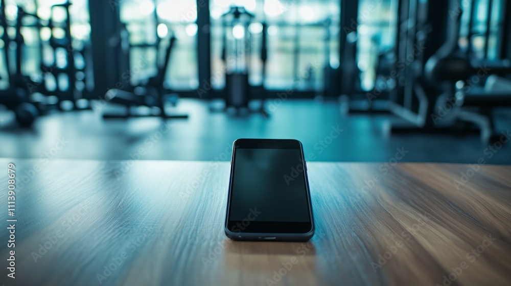 Smartphone resting on a wooden table in a modern gym environment during workout hours Smartphone resting on a wooden table in a modern gym environment during workout hours