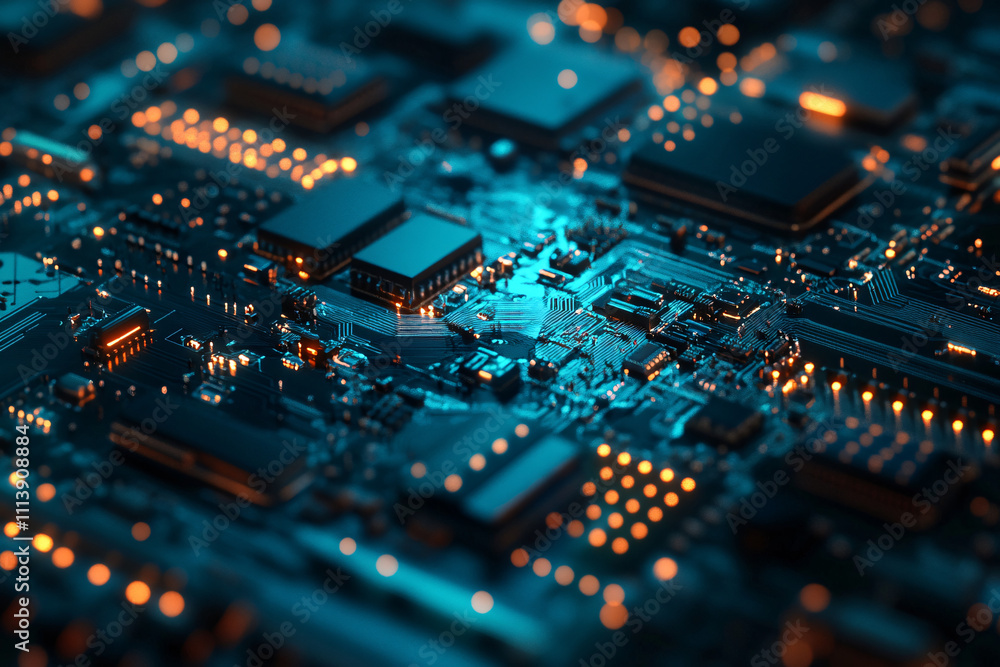 close-up of a glowing circuit board with blue and orange lights creating a high-tech and intricate futuristic design
close-up of a glowing circuit board with blue and orange lights creating a high-tech and intricate futuristic design