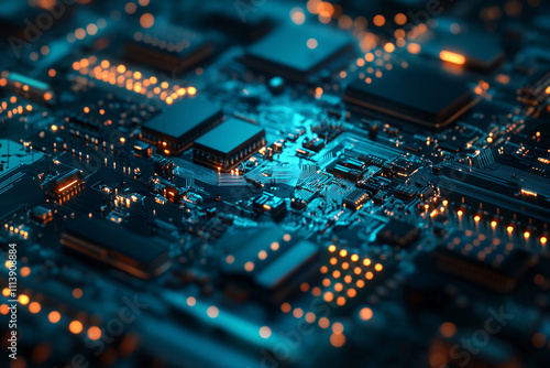 close-up of a glowing circuit board with blue and orange lights creating a high-tech and intricate futuristic design 