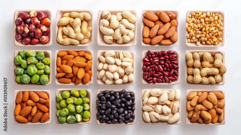 Diverse selection of nuts and legumes kitchen setting food photography natural lighting healthy snacks concept Diverse selection of nuts and legumes kitchen setting food photography natural lighting healthy snacks concept