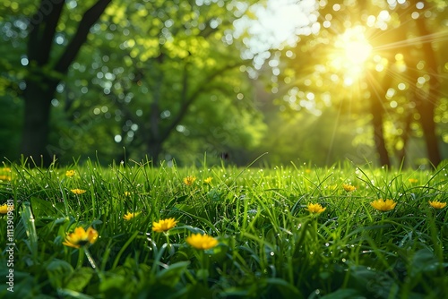 Sunlit Spring Morning in a Dewy Meadow with Yellow Wildflowers