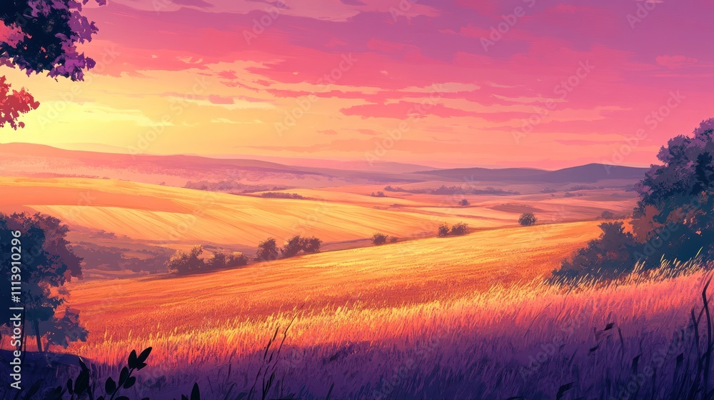 Obraz premium Golden Sunset Over Rolling Hills and Fields