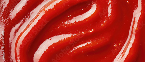 Hot chili sauce or ketchup texture in extreme macro showing rich red color with swirling patterns and glossy surface detail. Generative AI.