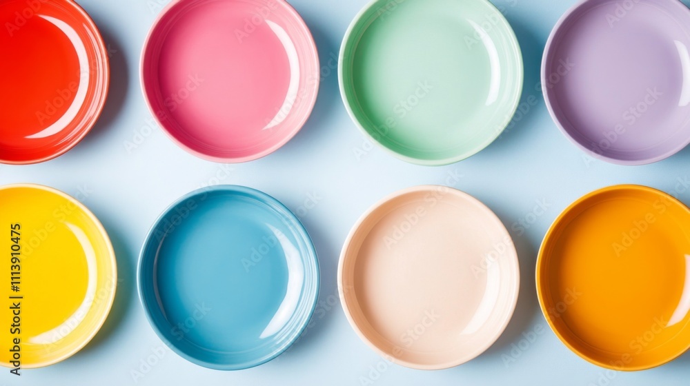 Vibrant colorful plates displayed on blue background kitchen decor food photography bright and cheerful atmosphere aerial view modern home aesthetic Vibrant colorful plates displayed on blue background kitchen decor food photography bright and cheerful atmosphere aerial view modern home aesthetic