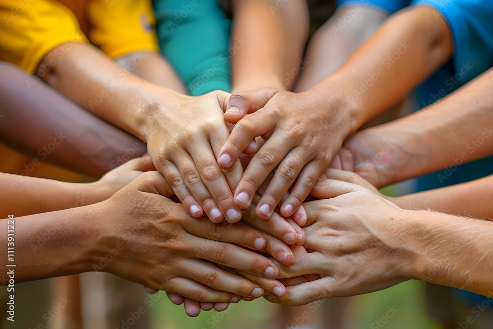 Unity and Teamwork: Close-Up of Diverse Hands Stacked Together in Solidarity Unity and Teamwork: Close-Up of Diverse Hands Stacked Together in Solidarity