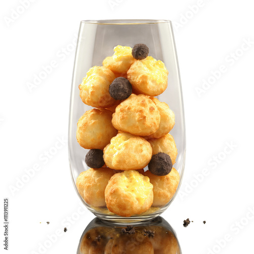 Truffle gougeres golden cheese puffs mounded in stemless glass black truffle shavings dusting isolated Food photo