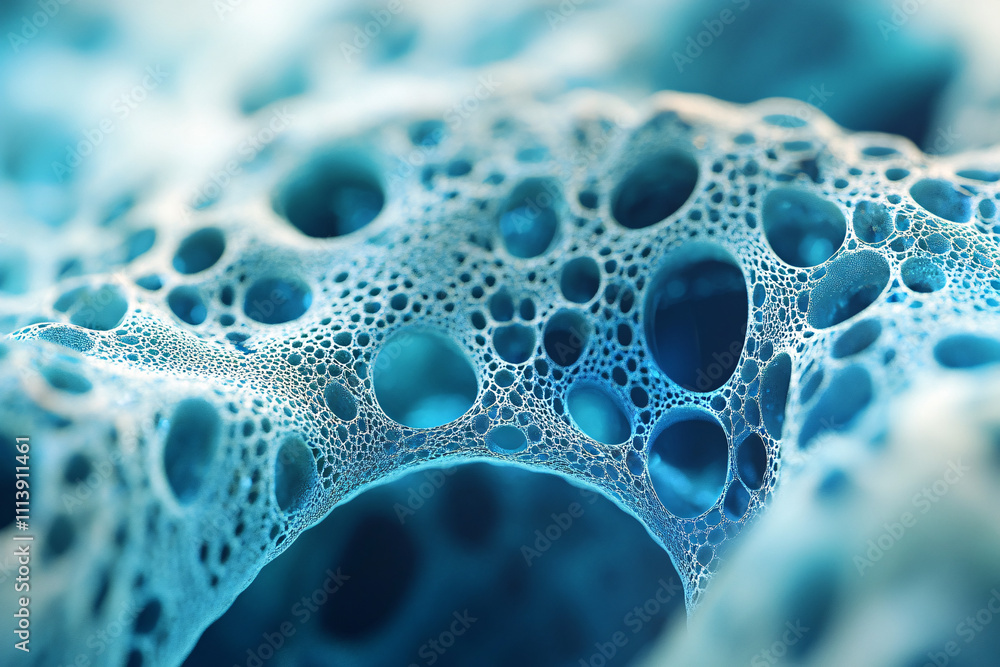 A macro shot of intricate blue sponge-like structures with circular holes creating an abstract and organic pattern
A macro shot of intricate blue sponge-like structures with circular holes creating an abstract and organic pattern