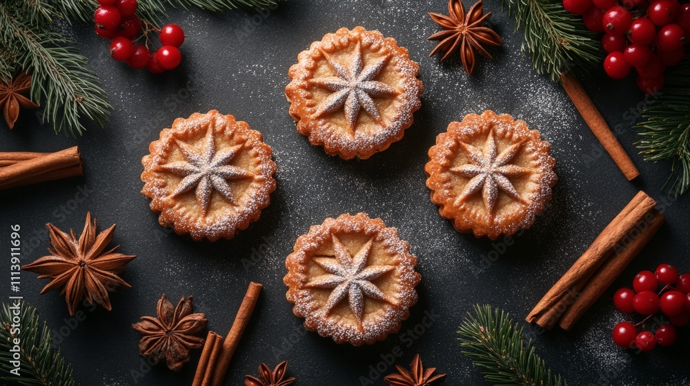 Fototapeta premium Christmas festive mince pies on decorative holiday plate