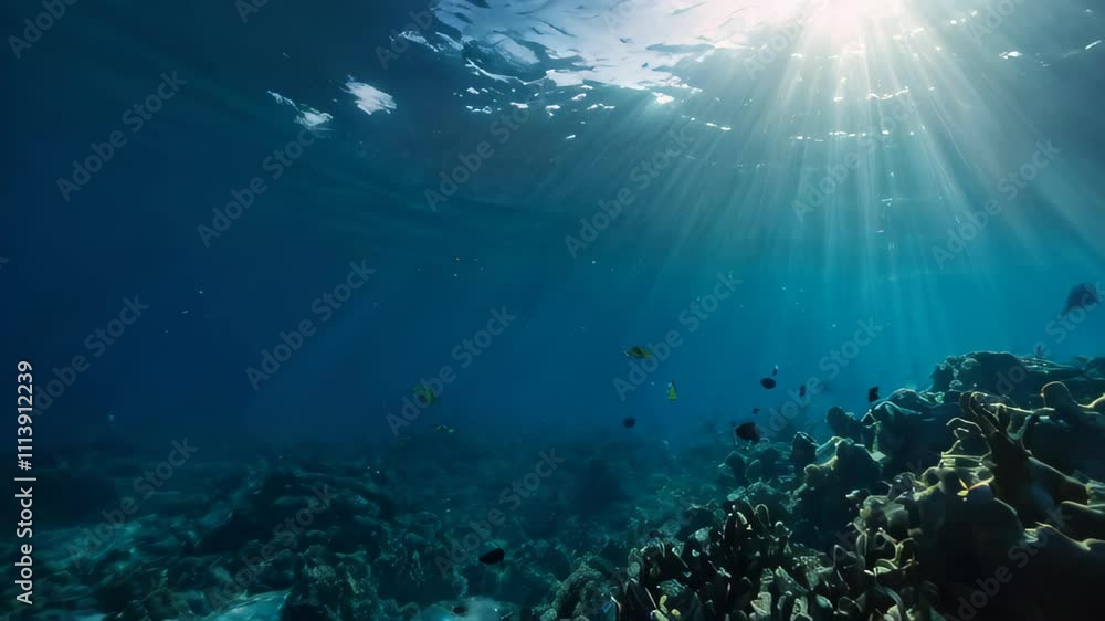 Underwater ocean - blue abyss with sunlight - diving and snorkeling. Underwater sea - deep water abyss with blue sunlight. Underwater ocean - blue abyss with sunlight - diving and snorkeling. Underwater sea - deep water abyss with blue sunlight.