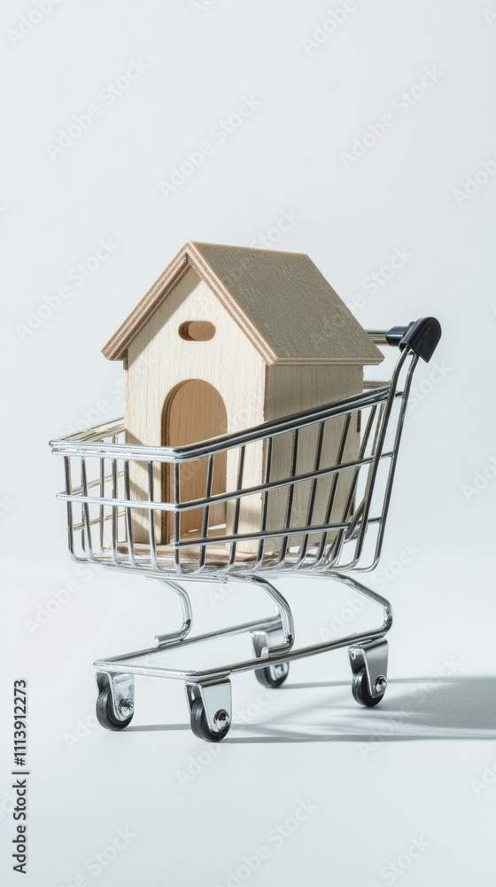 Miniature wooden house in metal shopping cart on white background Miniature wooden house in metal shopping cart on white background