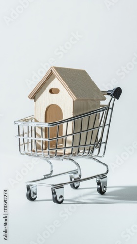 Miniature wooden house in metal shopping cart on white background