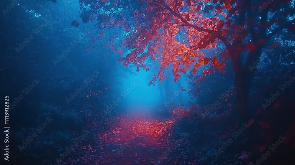 Enigmatic autumn forest path shrouded in blue mist, glowing red leaves. Enigmatic autumn forest path shrouded in blue mist, glowing red leaves.