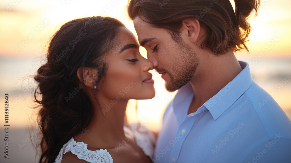 Romantic couple sharing an intimate moment at sunset on the beach, soft warm light highlighting their connection, serene ocean in the background, a tender and timeless love story. Romantic couple sharing an intimate moment at sunset on the beach, soft warm light highlighting their connection, serene ocean in the background, a tender and timeless love story.