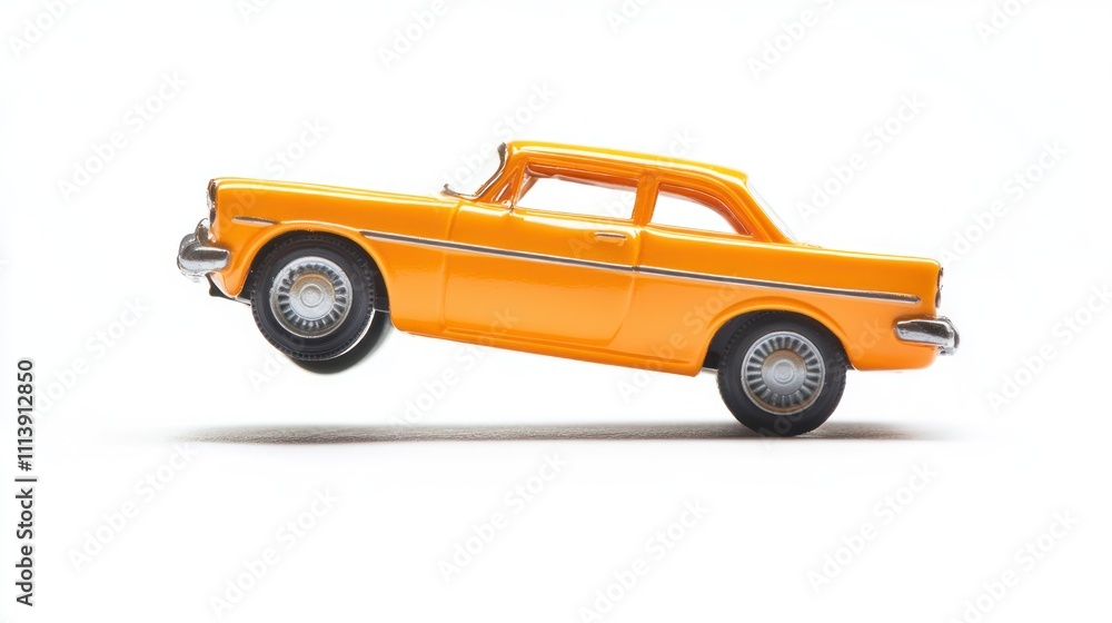 A bright orange toy car in a playful, upright position against a white background. A bright orange toy car in a playful, upright position against a white background.