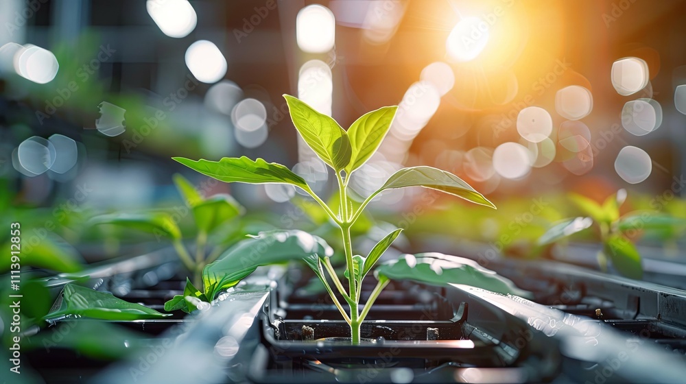 A vibrant young seedling thrives in a modern greenhouse setting, bathed in sunlight. A vibrant young seedling thrives in a modern greenhouse setting, bathed in sunlight.