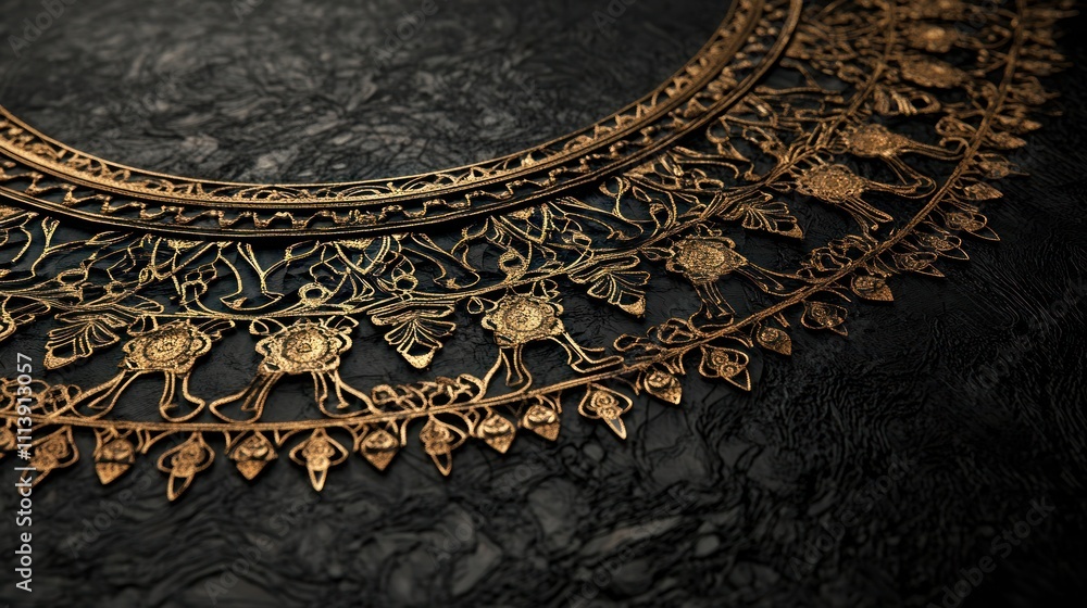 Obraz premium Intricately designed metallic ornamentation on a textured surface.