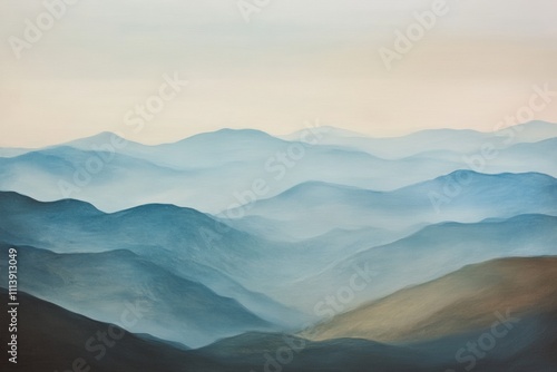 Serene Blue Mountain Landscape: Soft Hues and Misty Peaks for Tranquil Nature Scenes and Relaxing Backgrounds