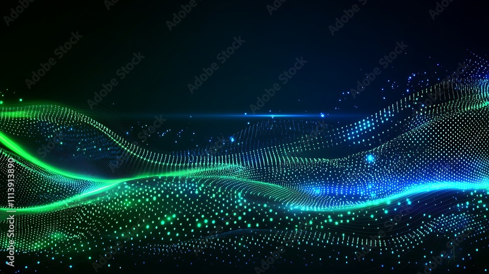 Abstract waves of blue and green light on a dark background creating a mesmerizing digital landscape Abstract waves of blue and green light on a dark background creating a mesmerizing digital landscape