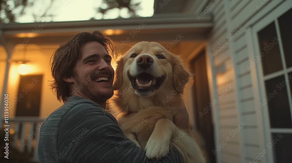 Man hugging a happy golden retriever at sunset in front of a cozy house, radiating joy and companionship, with warm golden light creating a serene atmosphere.